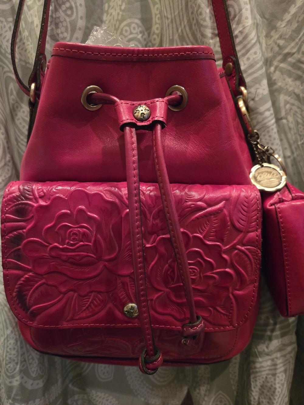 Patricia Nash Floral Tooled Leather Drawstring  Shoulder Crossbody Bag And Pouch